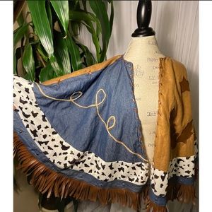 🌹SOLD🌹Deadstock 80s Gottschalks Denim Patchwork Fringe Poncho/Cape OS